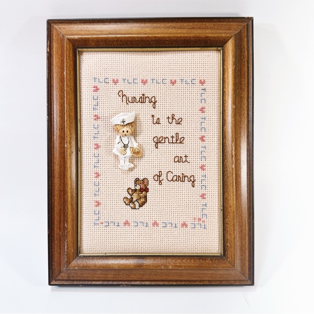 “Nursing Is the Gentle Art of Caring” Vintage Framed Cross-Stitch Wall Art